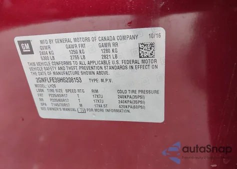 2017 Chevrolet Equinox Lt из США, поврежденный, VIN 2GNFLFE39H6208153